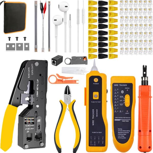 102-Piece Ethernet Crimping Tool Set with Punch Down Stripper Cable Tester Connectors Covers Yellow