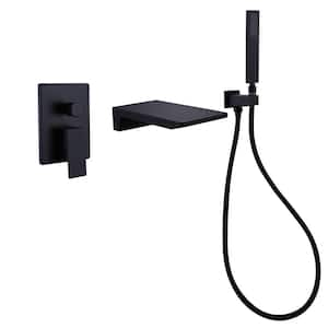 Single-Handle Wall Mount Roman Tub Faucet with Hand Shower，Waterfall Bathtub Shower Faucet in. Matte Black