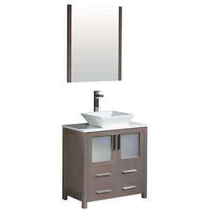 Torino 30 in. Vanity in Gray Oak with Glass Stone Vanity Top in White with White Basin and Mirror (Faucet Not Included)