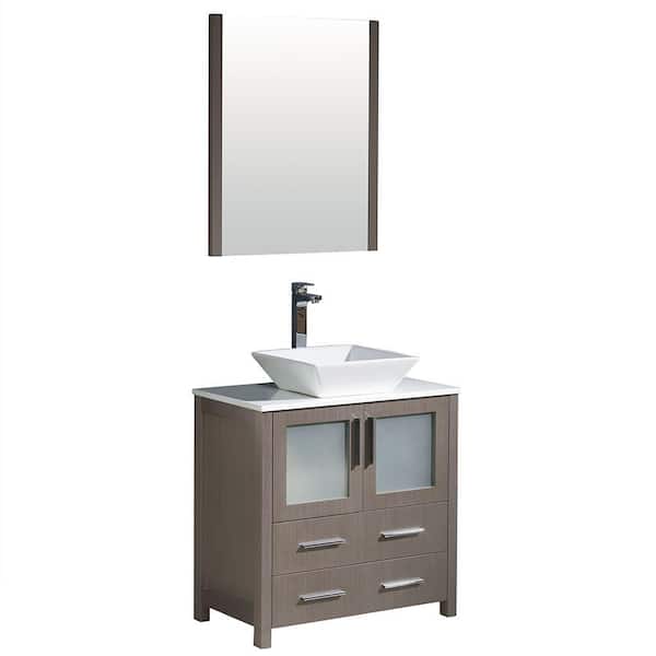 Fresca Torino 30 in. Vanity in Gray Oak with Glass Stone Vanity Top in White with White Basin and Mirror (Faucet Not Included)