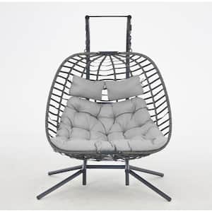 55 in. W 2-Person Black Metal Patio Swing Chair With Gray Cushion and Stand