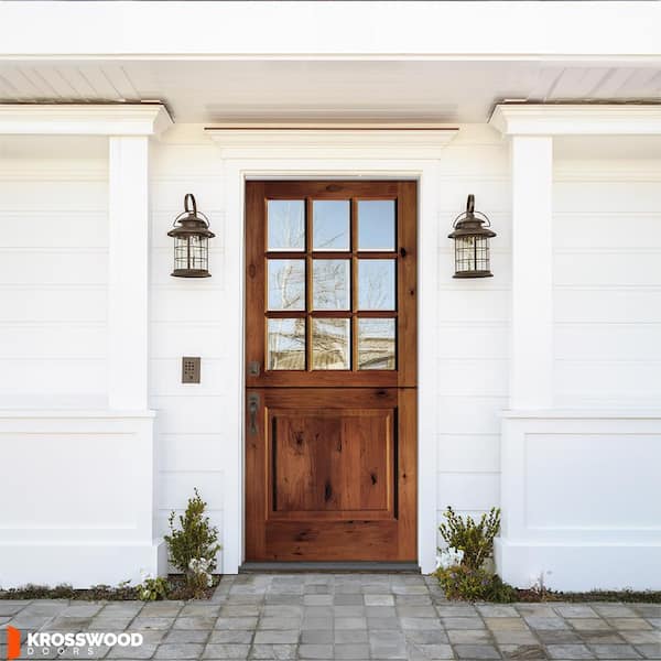 36 in. x 80 in. Farmhouse Knotty Alder Right-Hand/Inswing Clear Glass Red Chestnut Stain Dutch Wood Prehung Front Door