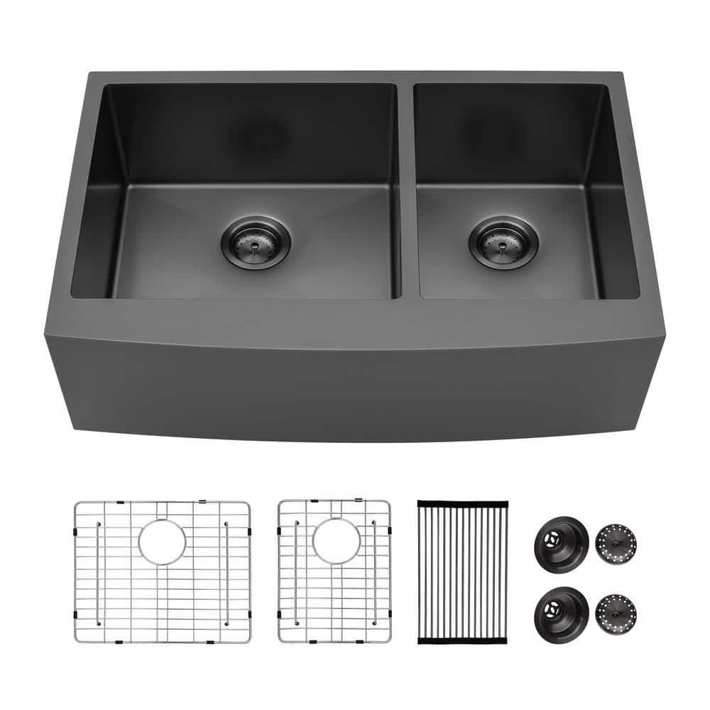 Gunmetal Black 36 in. Farmhouse/Apron-Front Double Bowl 16 Gauge Stainless Steel Kitchen Sink with Basket Strainer -  LORDEAR, BXGSC36-2-B-55