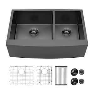 Gunmetal Black 36 in. Farmhouse/Apron-Front Double Bowl 16 Gauge Stainless Steel Kitchen Sink with Basket Strainer