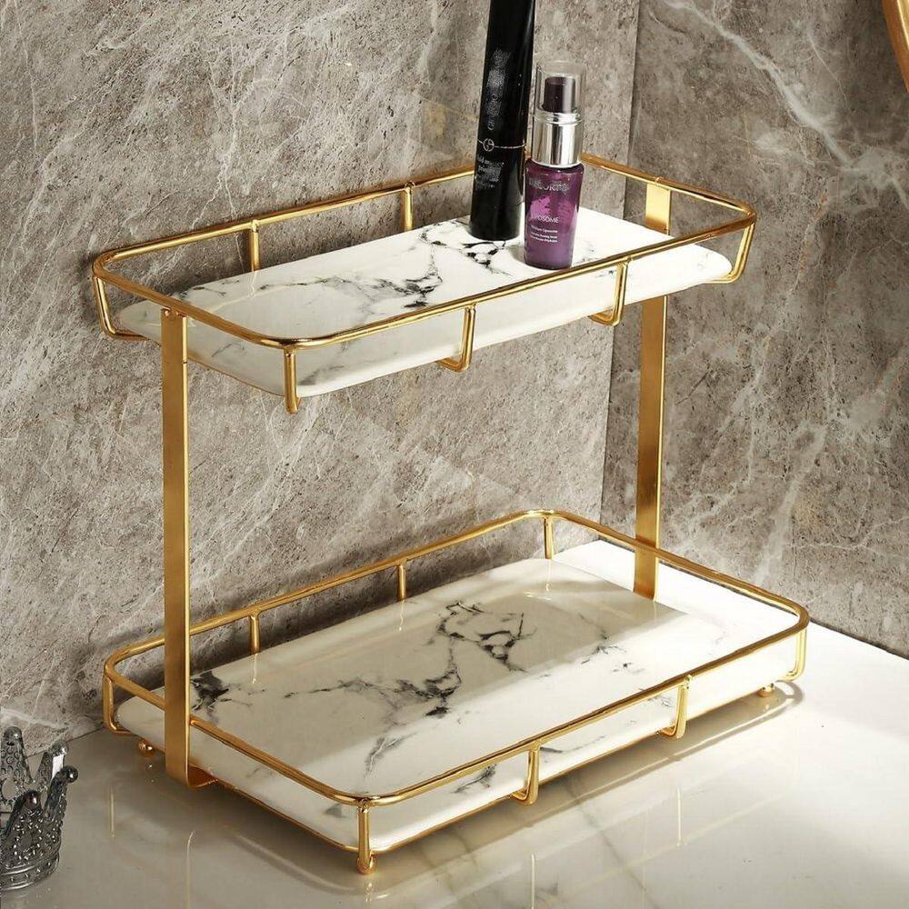 2 Tier Countertop Vanity Organizer in Gold Stainless Steel and White Marble for Bathroom Cosmetic, Perfume Storage price history on PriceWatchPro