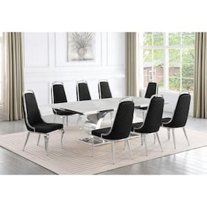 Ibraim 9-Piece Rectangle White Marble Top with Stainless Steel Base Dining Set with 8 Black Velvet Chrome Iron Chair