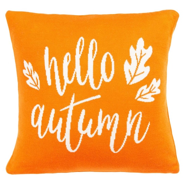 Fall Season Decorative Single Throw Pillow Hello Autumn 18 in. x 18 in. White & Orange Square Thanksgiving for Couch, Bedding, Size: 18 x 18