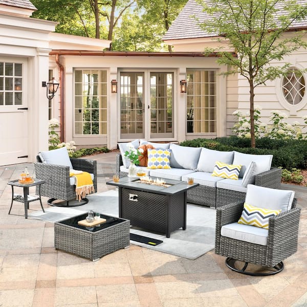 Toject Sanibel Gray 9-Piece Wicker Outdoor Patio Conversation Sofa Sectional Set with a Metal Fire Pit and Light Gray Cushions