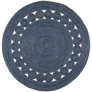 Natural Fiber Navy 5 ft. x 5 ft. Border Woven Round Area Rug