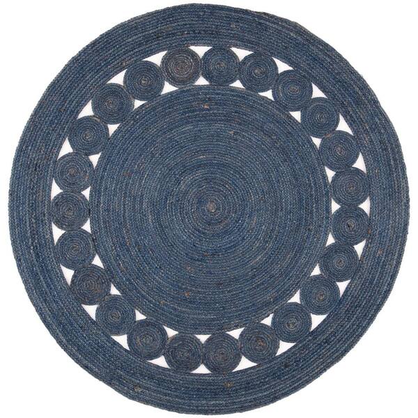 SAFAVIEH Natural Fiber Navy 5 ft. x 5 ft. Border Woven Round Area Rug