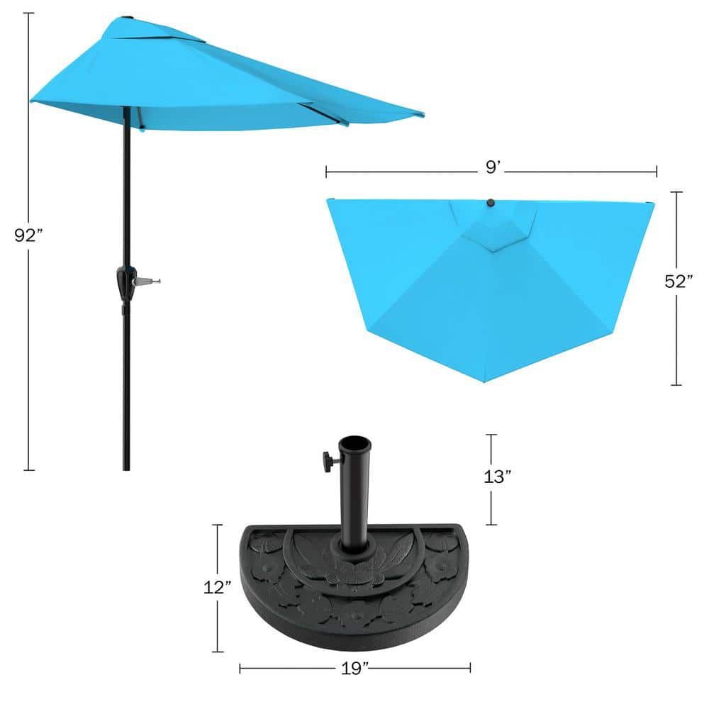 Brilliant Blue Steel Half Market Patio Umbrella with Base