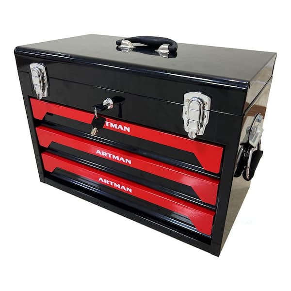 Flynama 20 in. 3-Drawer Steel Toolbox, 4-Layers of Tools with Metal Latches in Black and Red