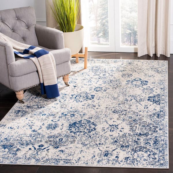 Madison White/Royal Blue Doormat 2 ft. x 4 ft. Border Floral Medallion Geometric Area Rug