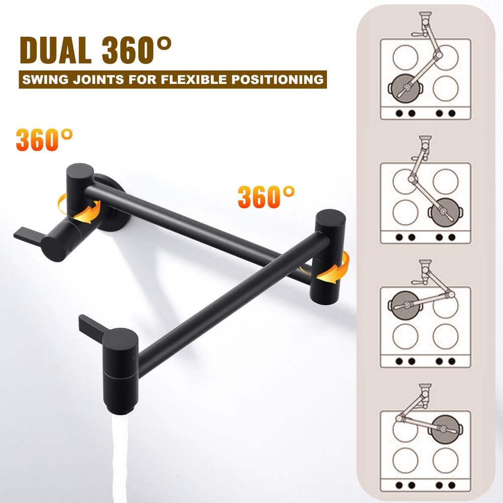 Matte Black Brass Wall-Mounted Pot Filler Faucet with Dual Handles