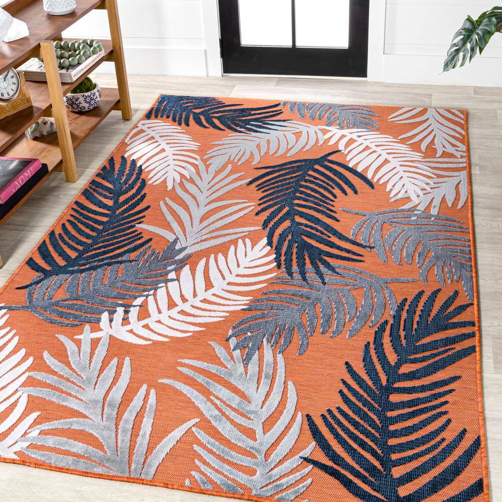 Montego Tropical Palm Orange Navy Ivory 3' x 5' Synthetic Area Rug