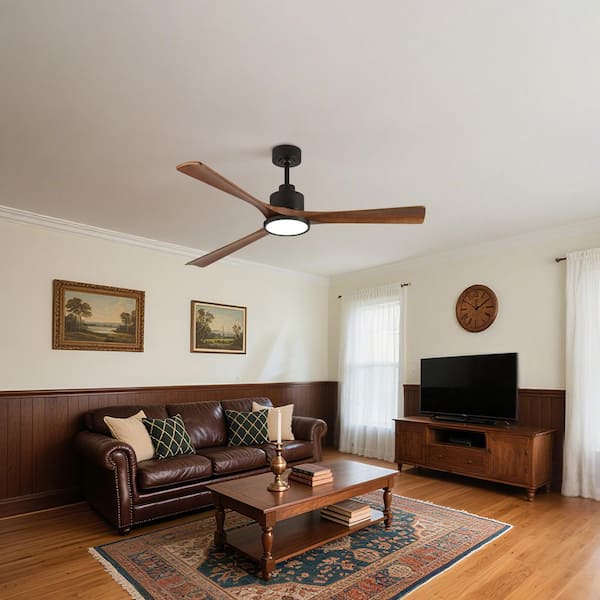 52 in. Indoor Black 3-Wood Blades Reversible DC Motor Downrod Standard Ceiling Fan with Light and APP and Remote Control