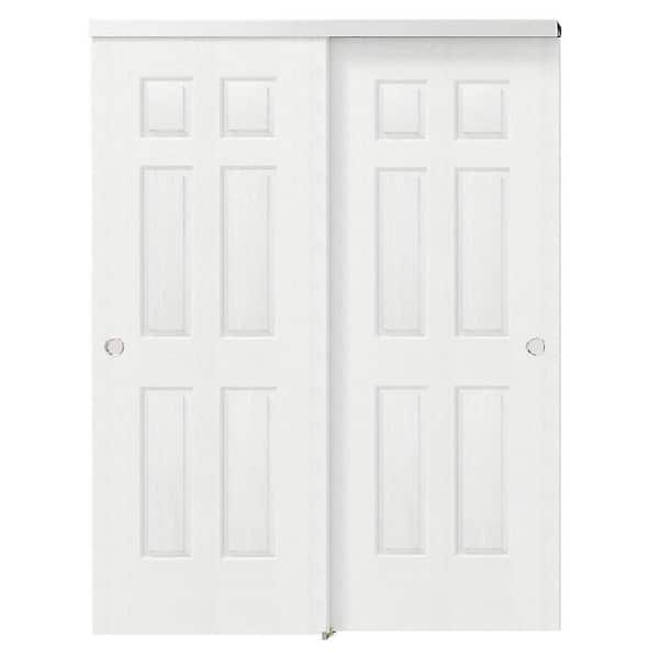 64in x 80in White Primed, Solid Core MDF, Double 6 Panel Bypass Sliding Door with Aluminium Hardware