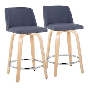 Toriano 24.25 in. Blue Fabric, Natural Wood and Chrome Metal Fixed-Height Counter Stool (Set of 2)