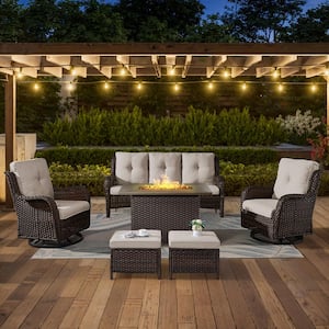 6-Piece Brown Wicker Outdoor Patio Rectangular Fire Pit Conversation Set with Beige Cushions and Swivel Rocker Chairs