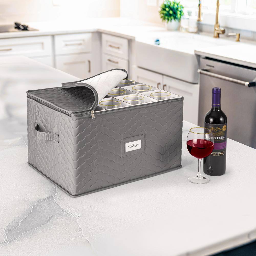 Gray Quilted Fabric Stemware Storage Box with Dividers