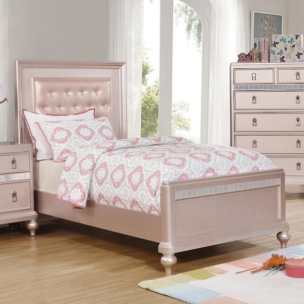 Kloe Pink Wood Frame Twin Panel Bed with Tufted Headboard