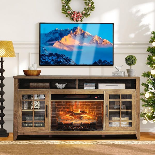 55 in. Freestanding Electric Electric Fireplace TV Stand with 23 in. Fireplace Insert, KD Inserts Heater in Barnwood