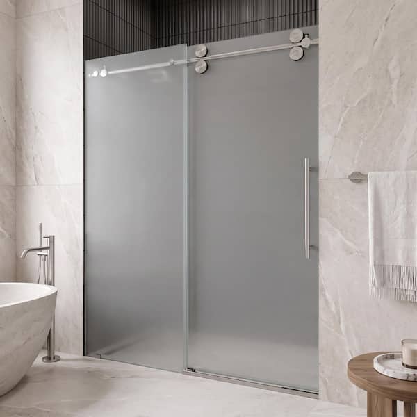 Elan 56 to 60 in. W x 74 in. H Sliding Frameless Shower Door in Stainless Steel with 3/8 in. (10mm) Frosted Glass