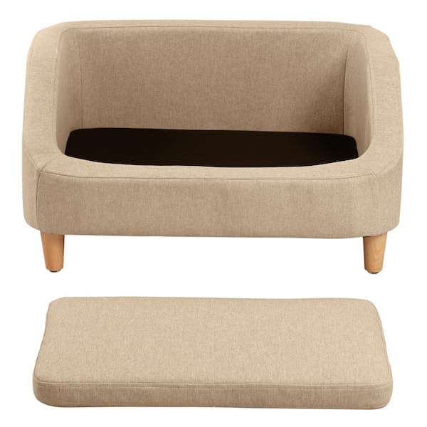 Small 37 in. Beige Pet Sofa Dog Sofa Cat Sofa Cat Bed Pet Bed Dog Bed Rectangle with Movable Cushion and Wood Style Foot