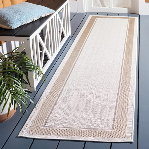 Martha Stewart Ivory/Beige 2 ft. x 9 ft. Runner Solid Color Border Indoor/Outdoor Area Rug