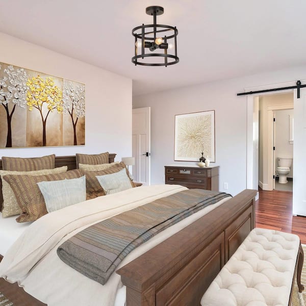 Black Semi Flush Mount Rustic 4-Light Drum Farmhouse Ceiling Lights Bronze Bedroom Ceiling Light Fixtures