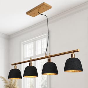 Modern Kitchen Island Linear Pendant Light 4-Light Black and Brass Pendant Light with Bell Resin Shades