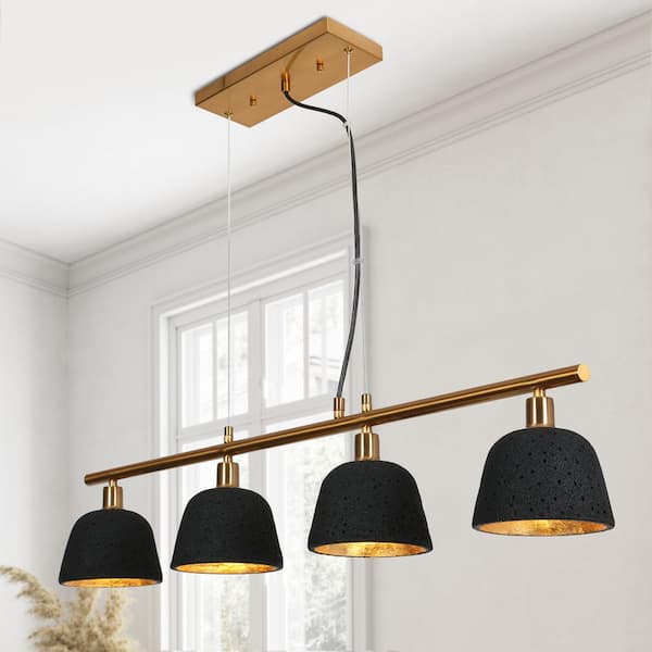 Uolfin Modern Kitchen Island Linear Pendant Light 4-Light Black and Brass Pendant Light with Bell Resin Shades
