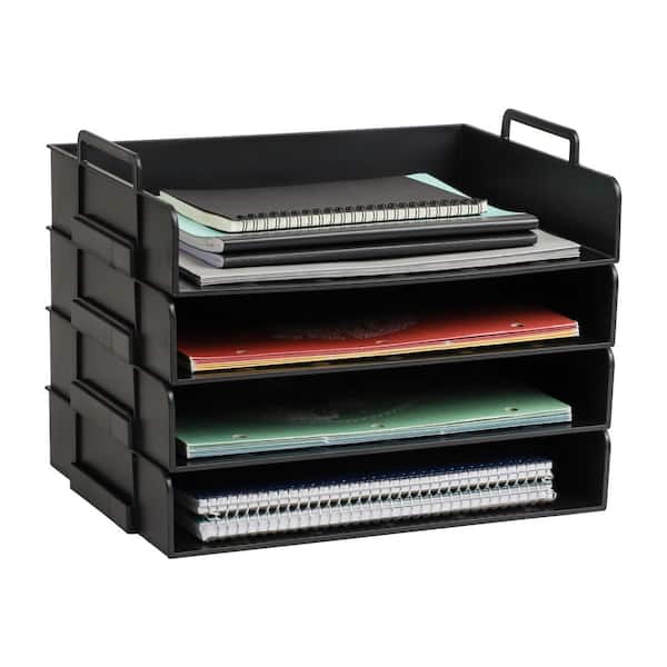 Black 10 in. W x 10.75 in. H, Plastic Stackable Paper Tray, Desktop Organizer, File Storage, 4 Pieces