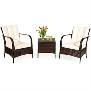 Mix Brown 3-Piece Rattan Wicker Outdoor Furniture Patio Conversation Set with White Cushions