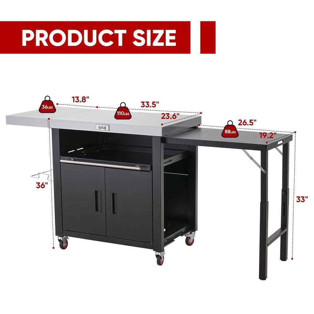 Black Stainless Steel Outdoor Kitchen Cart with Foldable Side Tables