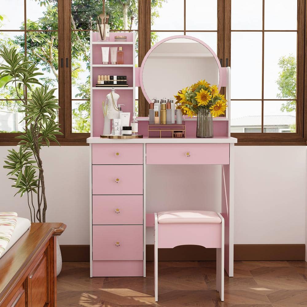 5-Drawers Pink Makeup Vanity Dressing Table Set with Stool, Mirror and Storage Shelves Girls Dressing Table - thumbnail 4