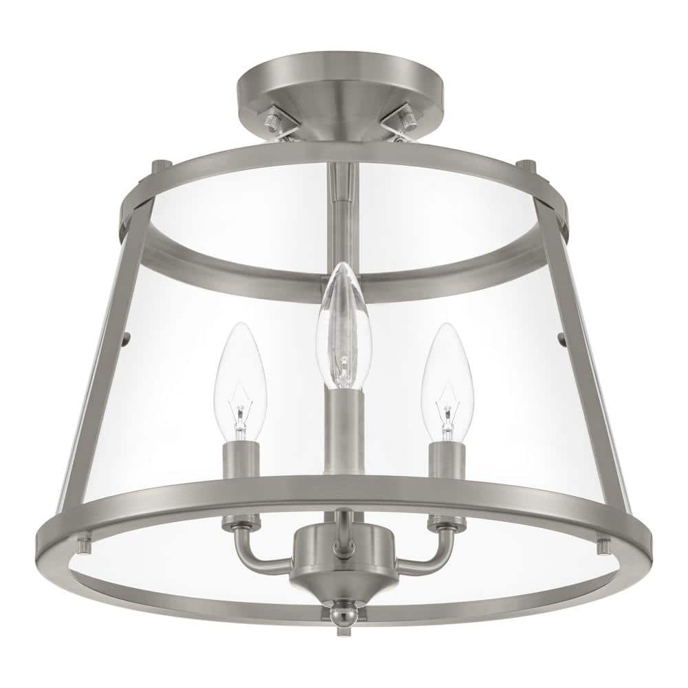 Home Decorators Collection Lincoln 14 in. 3-Light Brushed Nickel Semi-Flush Mount Ceiling Light Fixture with Metal and Glass Shade