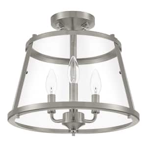 Lincoln 14 in. 3-Light Brushed Nickel Semi-Flush Mount Ceiling Light Fixture with Metal and Glass Shade