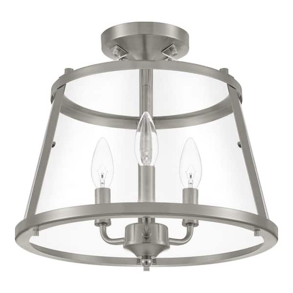 Home Decorators Collection Lincoln 14 in. 3-Light Brushed Nickel Semi-Flush Mount Ceiling Light Fixture with Metal and Glass Shade