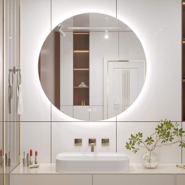 KeonJinn 28 in. W x 28 in. H Round Frameless 3 Colors Dimmable LED Backlit Anti-Fog Wall Mount Modern Bathroom Vanity Mirror