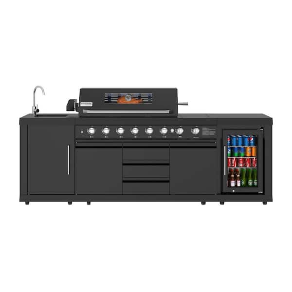 Reserve 6-Burner Propane Tank and NG BBQ Outdoor Kitchen Grill Island, Side Burner Sink Cabinet, Refrigerator in Black