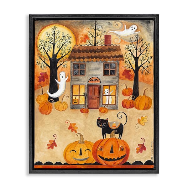 Stupell Industries Ghost on Halloween Night by Bernadette Deming 1-Piece Floater Frame Graphic Print Architecture Art Print 31 in. x 25 in.