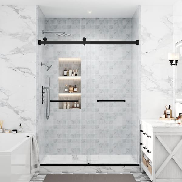 44-48 in. W x 76 in. H Double Sliding Frameless Shower Door in Matte Black Finish with SGCC Certification Clear Glass