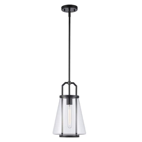 Bel Air Lighting River 8.75 in. 1-Light Black Pendant Light Fixture with Clear Glass Shade