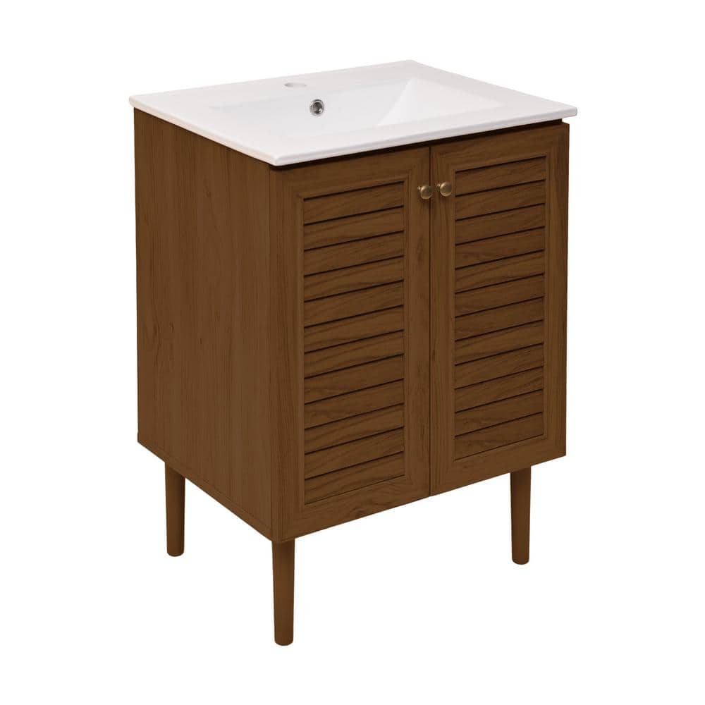 Bron 24" Brown Oak Freestanding Bathroom Vanity with White Sink Top