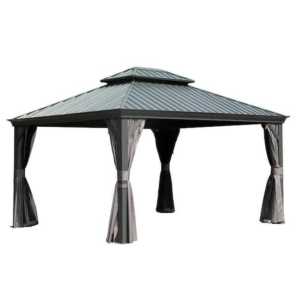 10 ft. x 14 ft. Outdoor Hardtop Gazebo Gray with Galvanized Steel Double Roof and Wood Grain Aluminum Frame