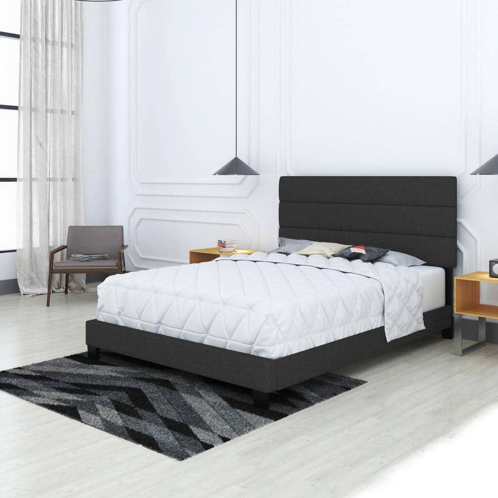 Sicily Dark Linen Upholstered Queen Platform Bed Frame with Headboard