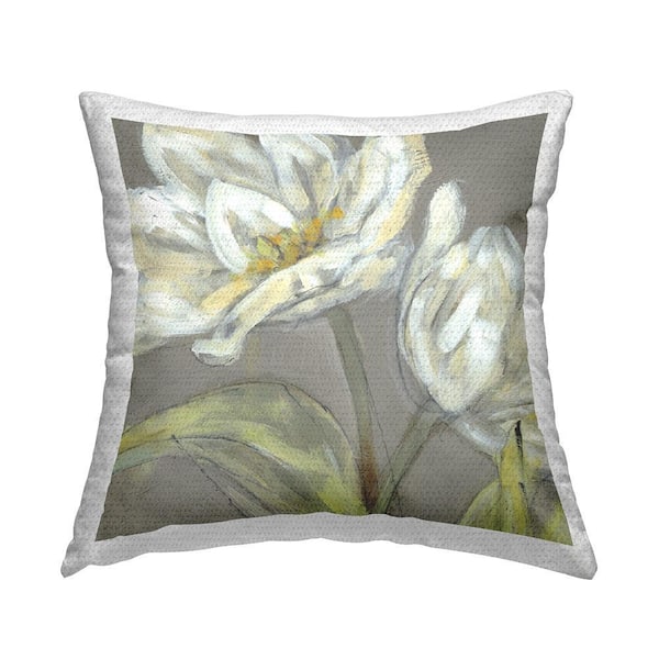 Tulip Flower Petals Green Grey Painting Multi-Color Square Outdoor Throw Pillow