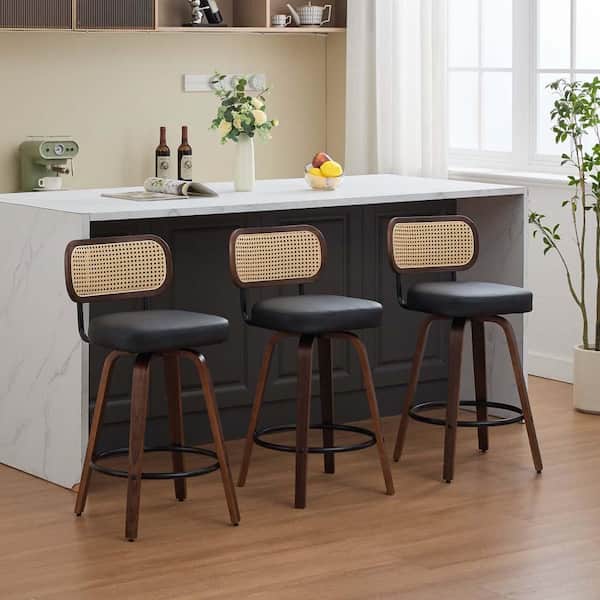 Unbranded Black Modern Bar Stools Set of 3, Faux Leather Upholstered Swivel Bar Stools, Counter Height Bar Chairs with Cane Back