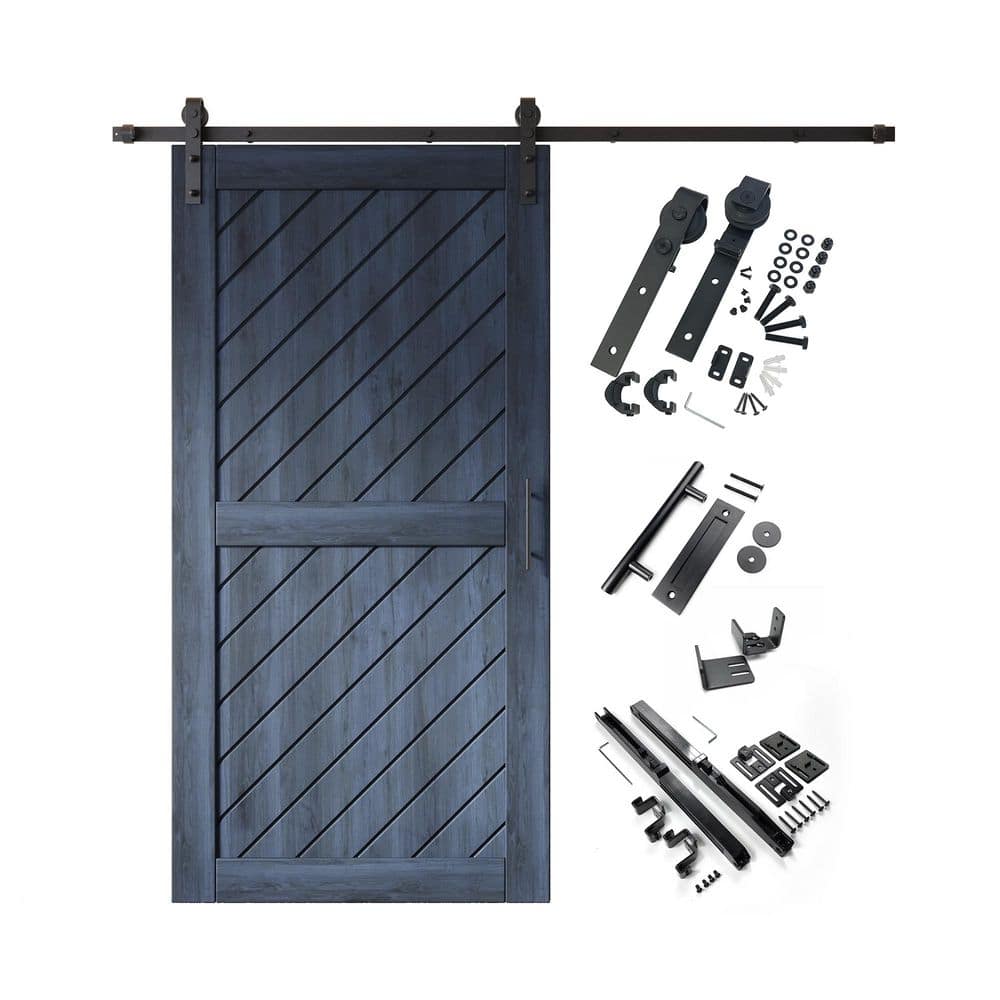XT1 32 in. x 80 in. C-Panel Navy Slanted Stripe Design Solid Pine Wood Sliding Barn Door with Hardware Kit price history on PriceWatchPro